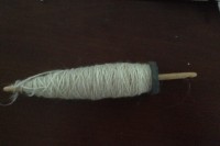 a spindle with thin white singles yarn